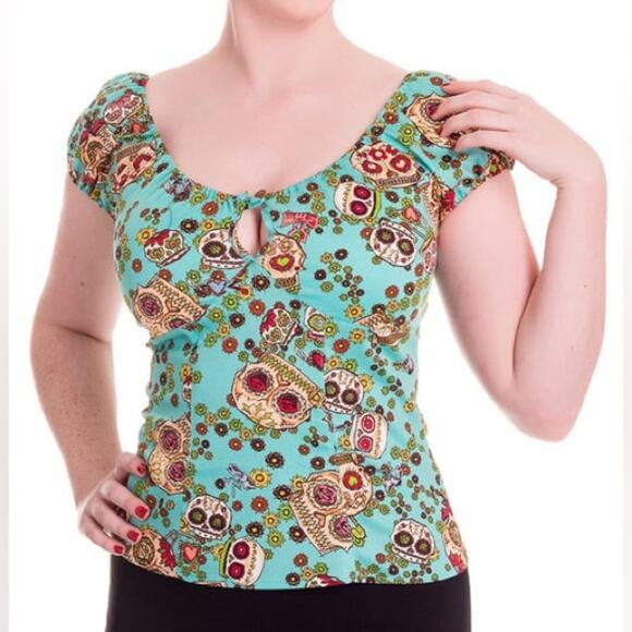Hell Bunny Skull Love Top Blue with Skulls and Floral Print Size Small Womens - Picture 1 of 14